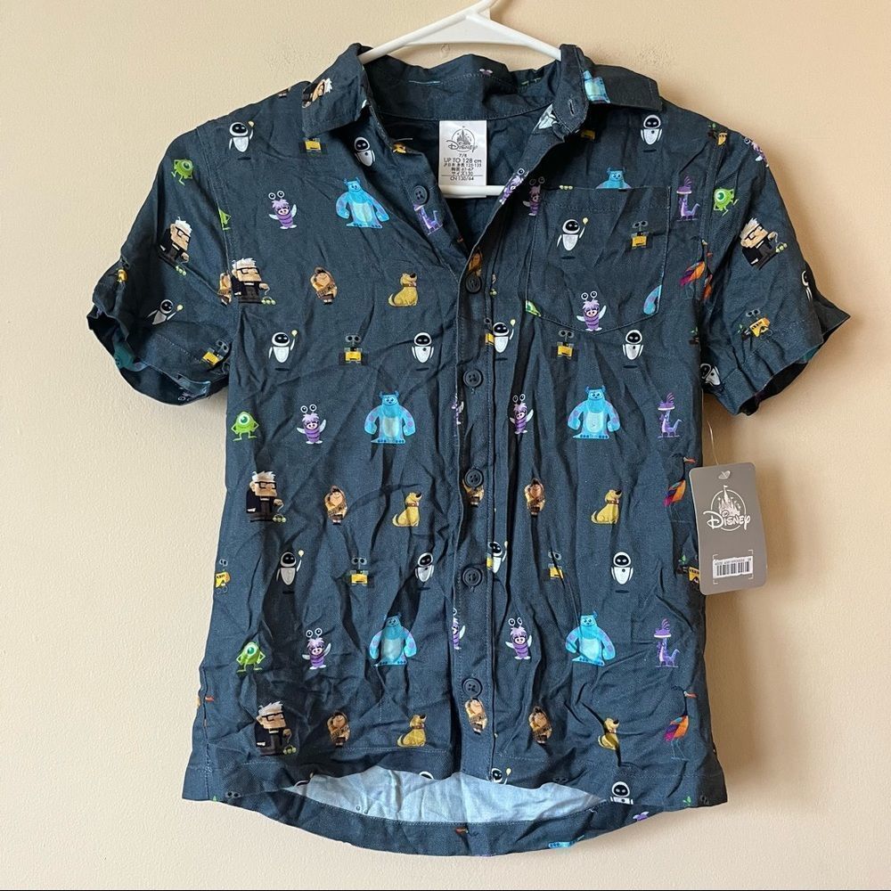 Disney World of Pixar Navy Blue Woven Shirt Characters Youth Size 7/8 NWT